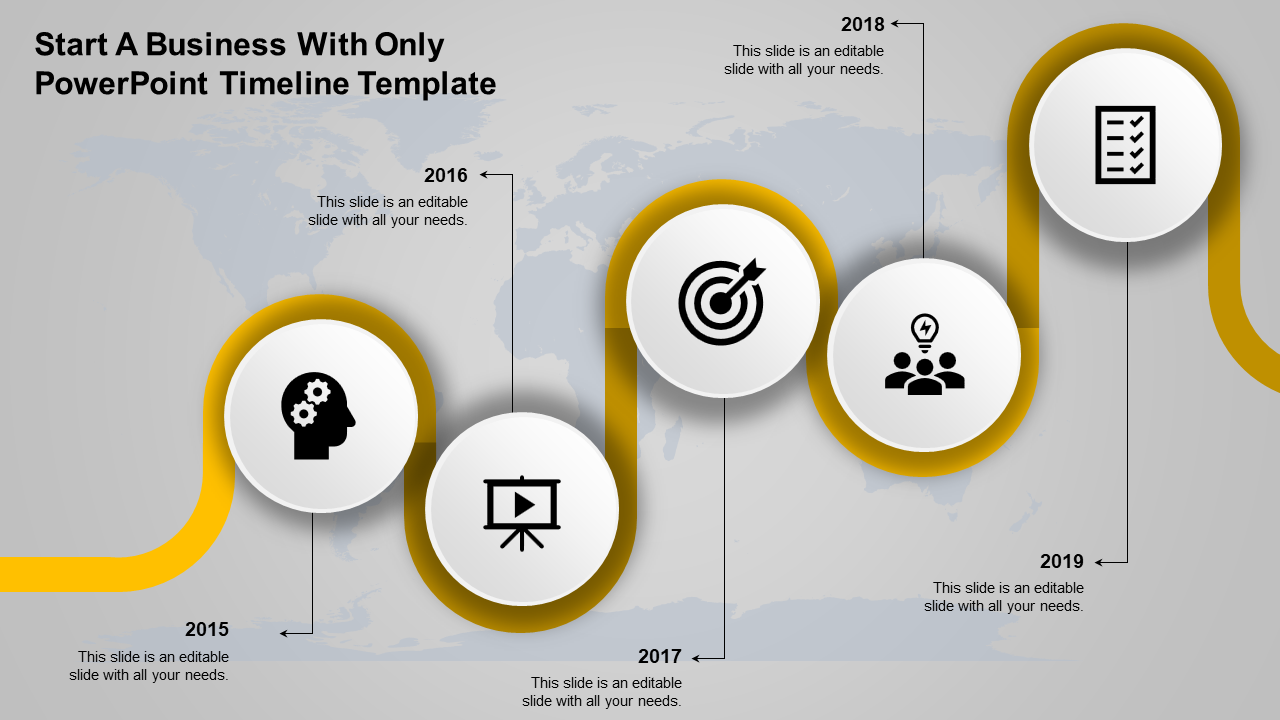 Curved yellow timeline infographic with five white circular icons, black symbols, and year labels from 2015 to 2019.