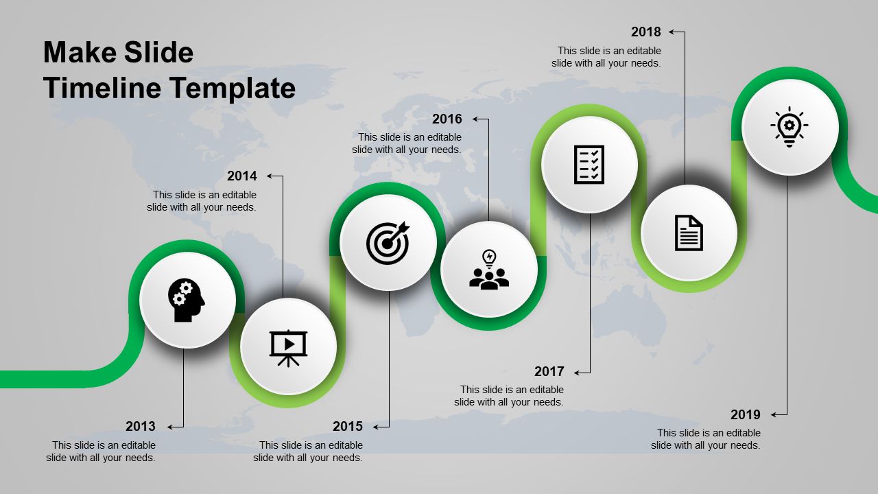 A modern timeline PPT slide from 2013 to 2019, featuring milestones with green icons representing various business stages.