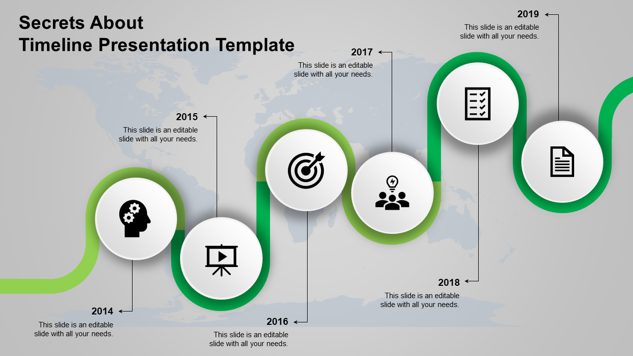 Flowing green path with six round white icons, black symbols, and year markers arranged in a sequential pattern.