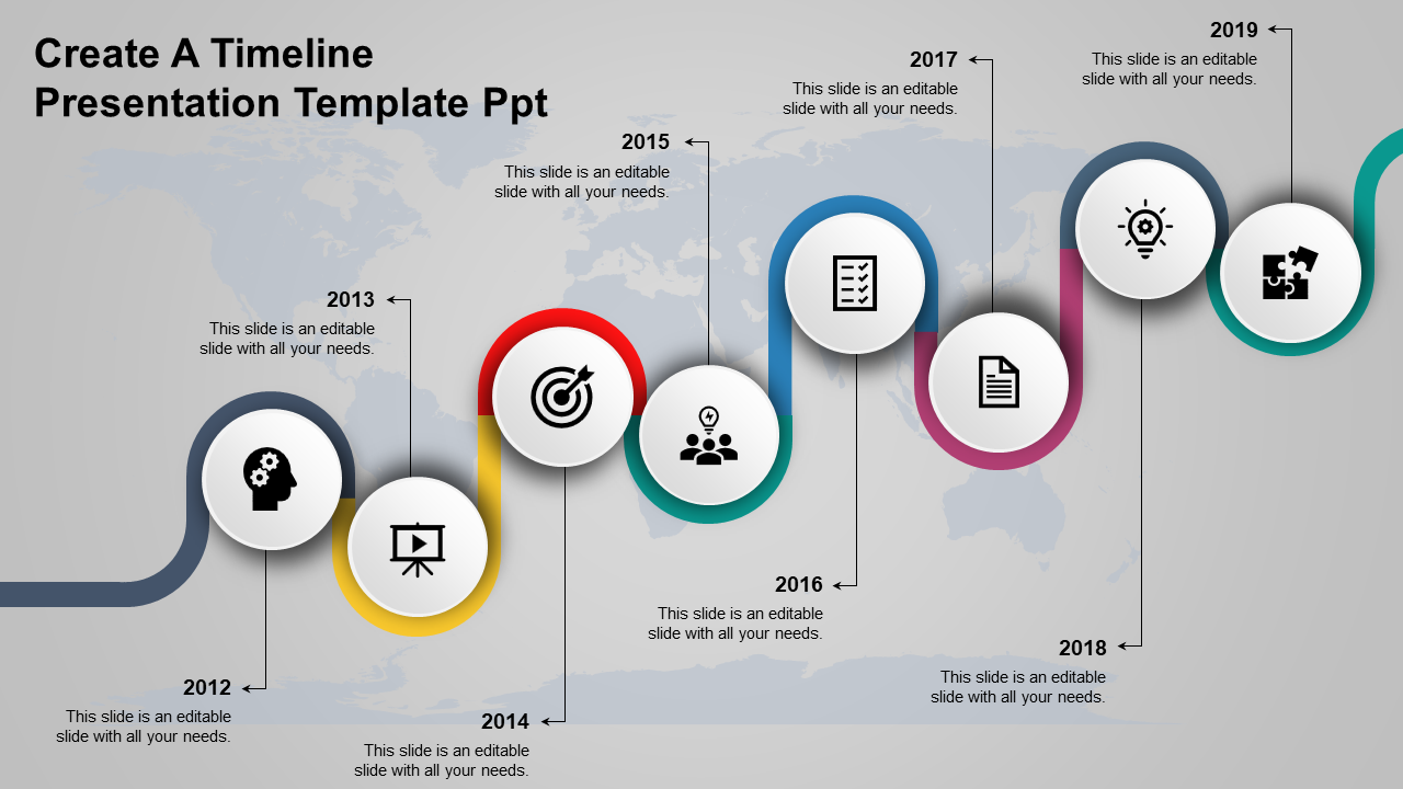 Wavy timeline with colorful segments from 2012 to 2019, featuring circular icons and text, on a light background.