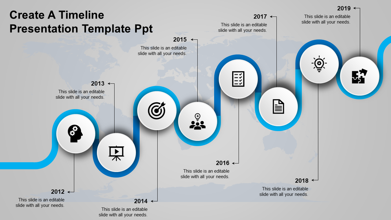 Blue curved timeline with circular markers for 2012 to 2019, displaying icons for tasks and achievements.