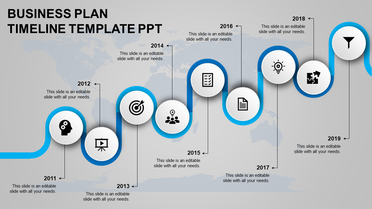 Timeline with blue curves, featuring nine circular white icons and black milestone symbols on a gray background.