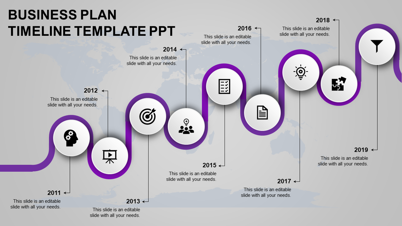 Business plan timeline slide showing key milestones from 2012 to 2019, with color coded icons with placeholder text.