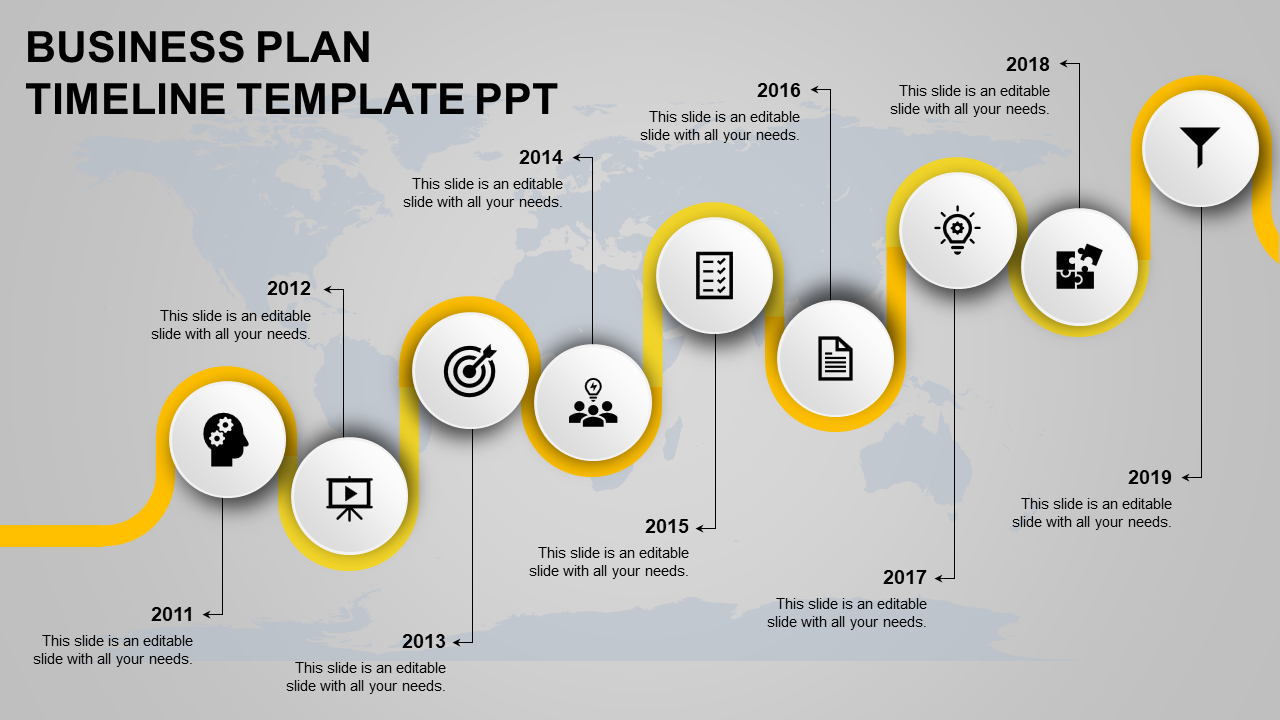 A detailed timeline slide of business plans spanning from 2011 to 2019, featuring icons representing key milestones.