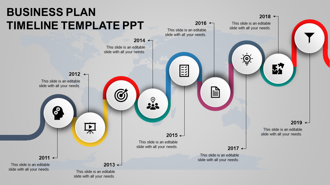 Business plan timeline with steps from 2011 to 2019, featuring colorful icons and caption areas.