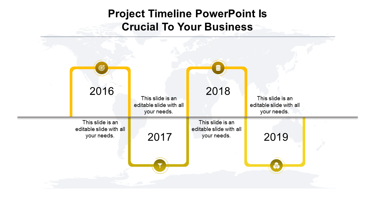 Horizontal timeline with yellow frames highlighting years 2016 to 2019, over a faint world map background.