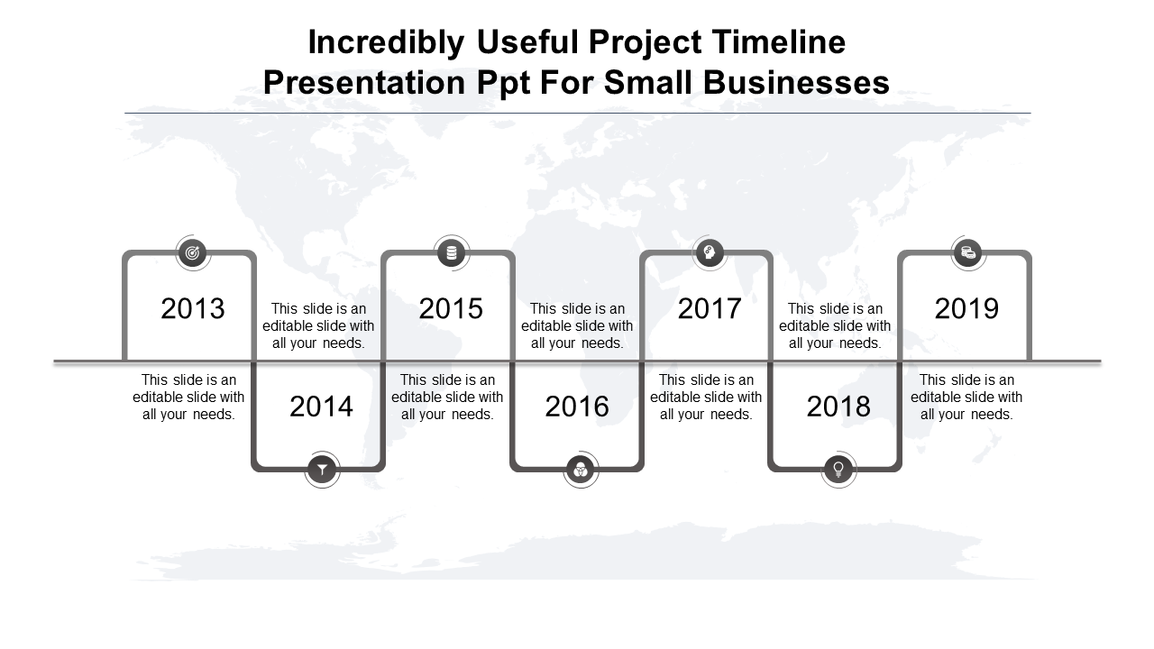 Grayscale timeline chart with rectangular boxes marking years 2013 to 2019, linked by a straight horizontal path.