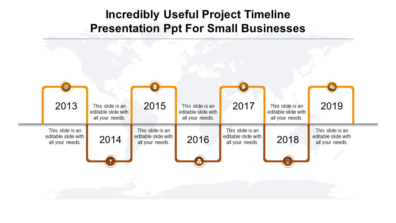 Project timeline PowerPoint slide with years 2013 to 2019, each marked with orange colored icons with placeholder text.