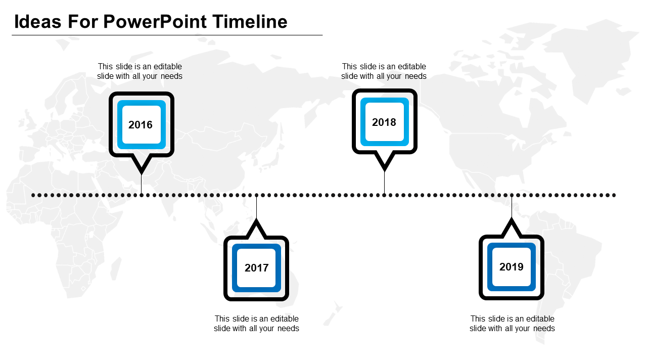 Four blue outlined markers with years 2016 to 2019 on a dotted timeline, set against a light world map background.