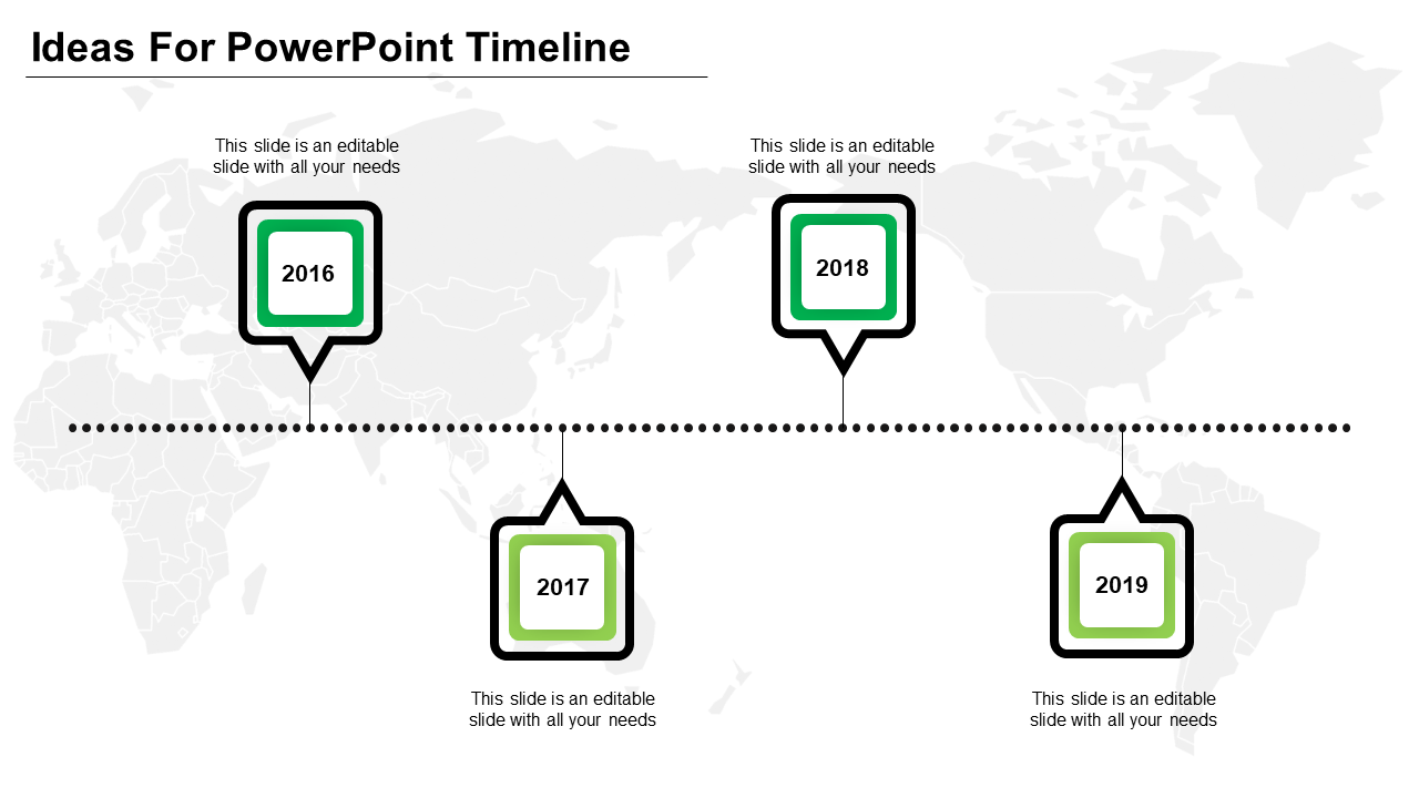 Timeline PPT slide from 2016 to 2019 with green square icons for each year, connected by a dotted line over a map background.