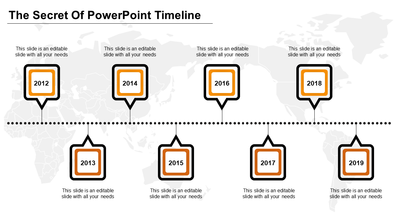 Timeline slide with orange bordered square markers for years 2012 to 2019, linked by a dotted line on a world map.