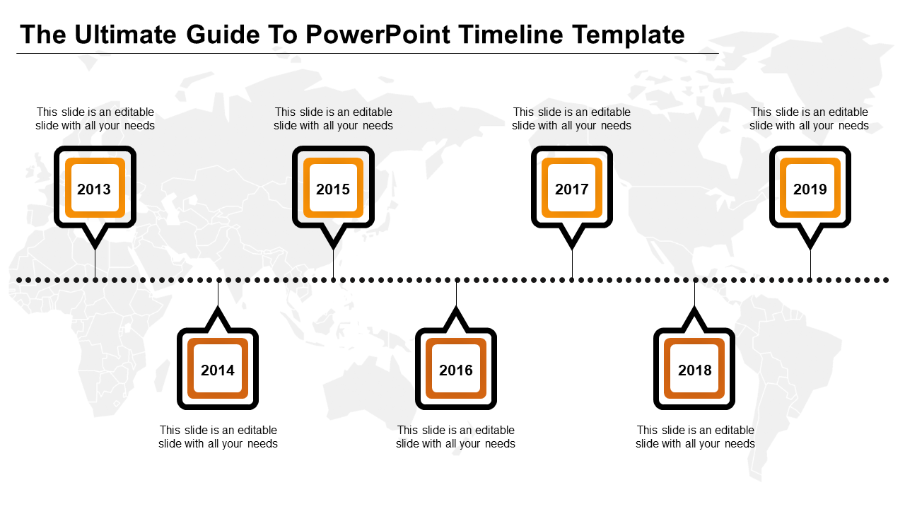 Timeline design showing years 2013-2019, rectangular year boxes with downward arrows and caption areas.