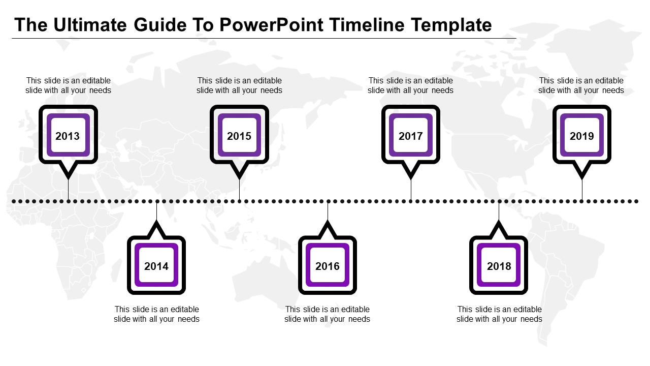 Timeline template showing years 2013-2019, with square markers, arrows, and caption areas.