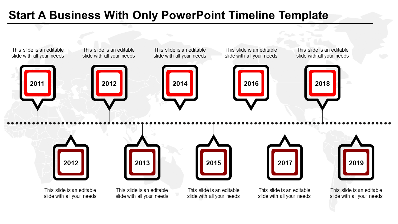 Horizontal timeline with black and red outlined square markers displaying years 2011 to 2019 on a world map background.