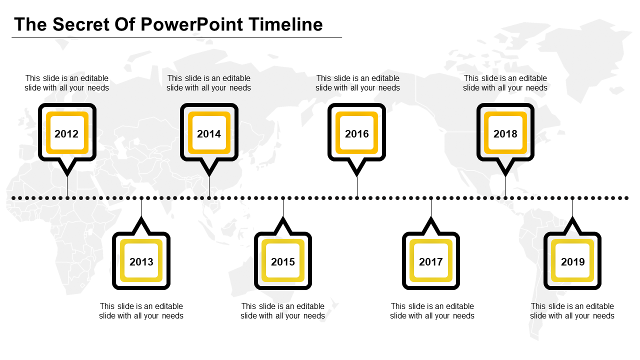 Timeline template with eight yellow highlighted square markers, evenly distributed along a horizontal dotted path.