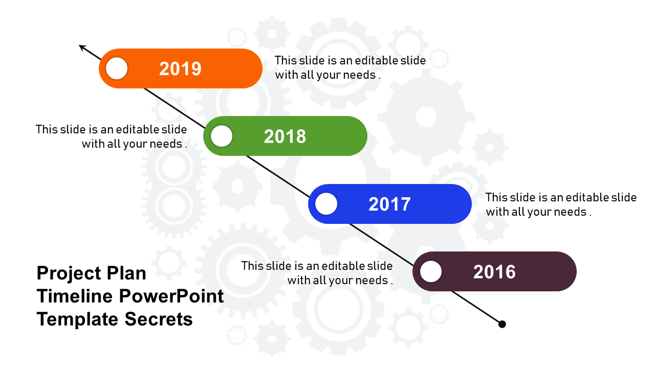 Diagonal timeline with colorful labels in orange, green, blue, and maroon for years 2019 to 2016, on gear icons background.