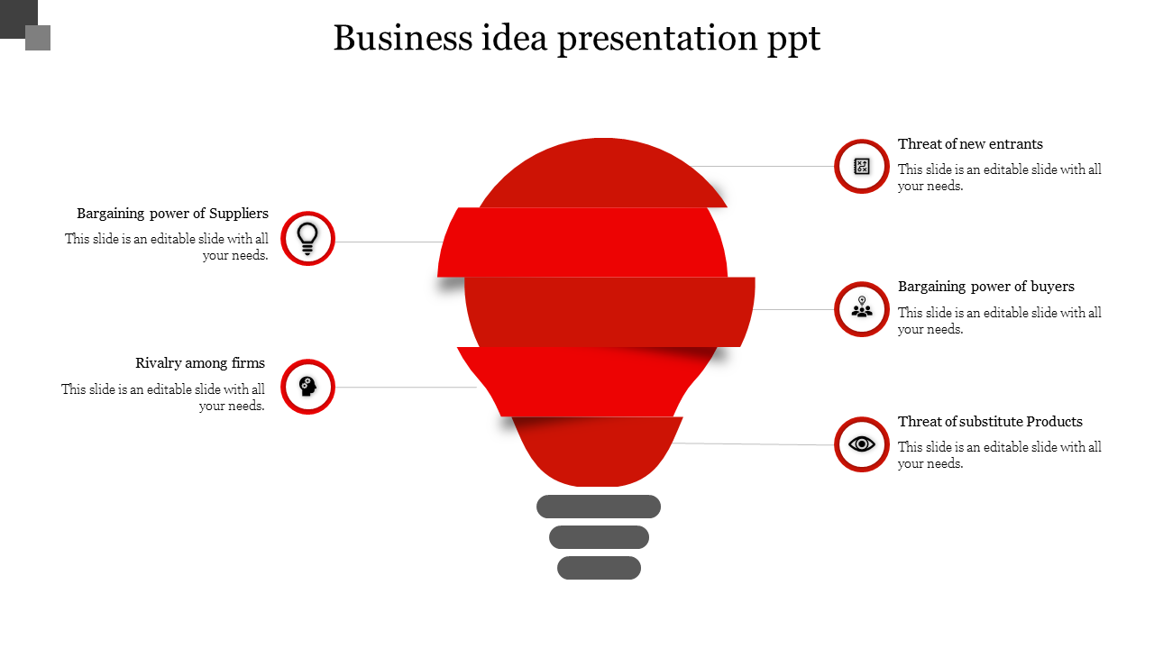 Business template with a lightbulb shape, segmented into five red parts, each representing an icon and captions.