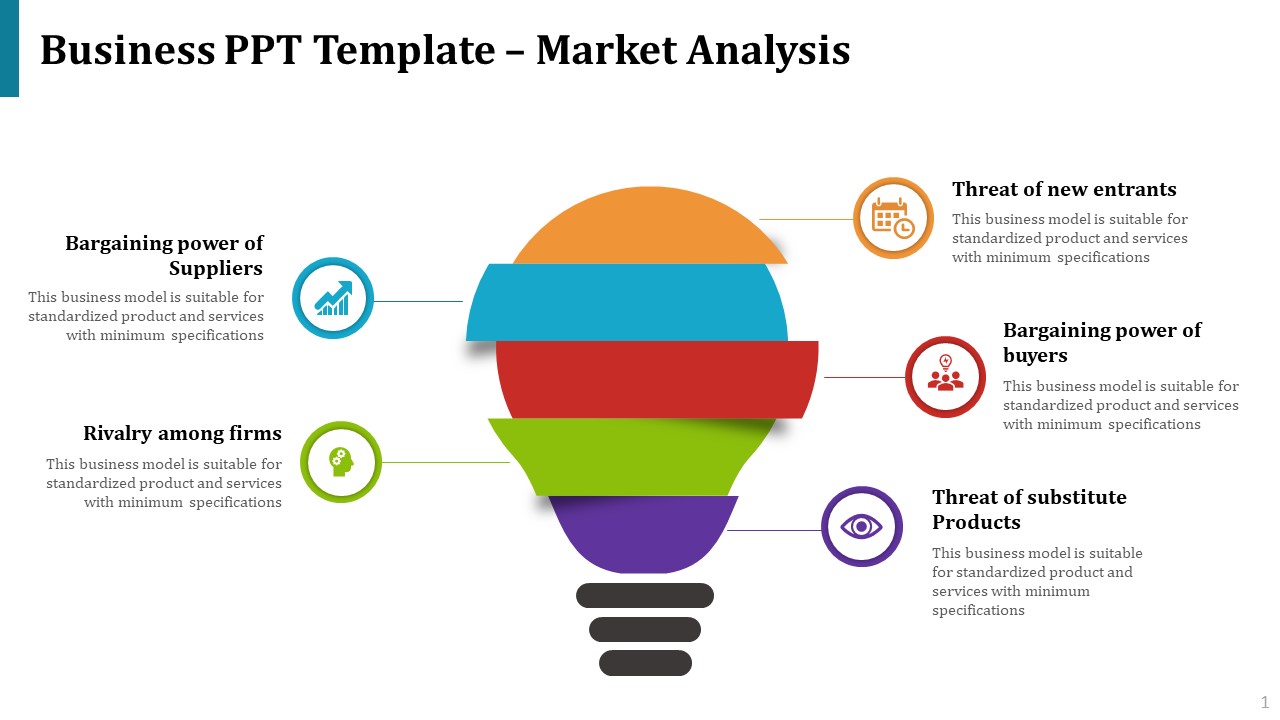 Market analysis infographic with a segmented light bulb design, featuring five colorful sections labeled with business.