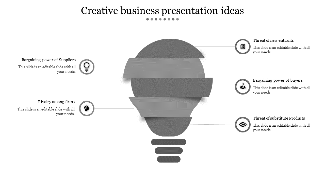 Monochrome light bulb illustration with five segmented layers, linked to icons and text on the left and right.