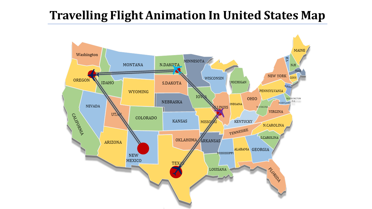 Colorful map of the united states illustrating a flight animation route, highlighting states with connecting lines.