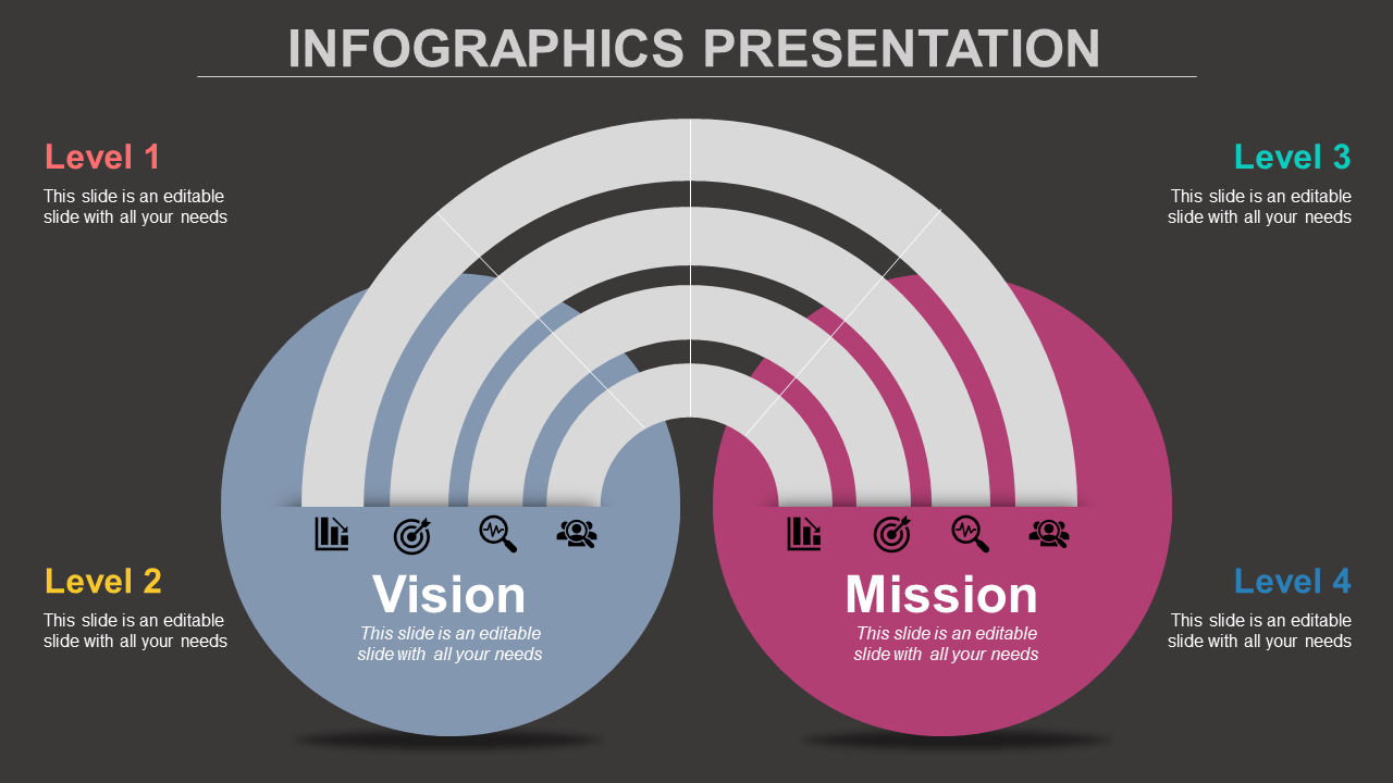 Split semi circular diagram with layered white arches on a dark background, featuring pink and blue circles with icons.