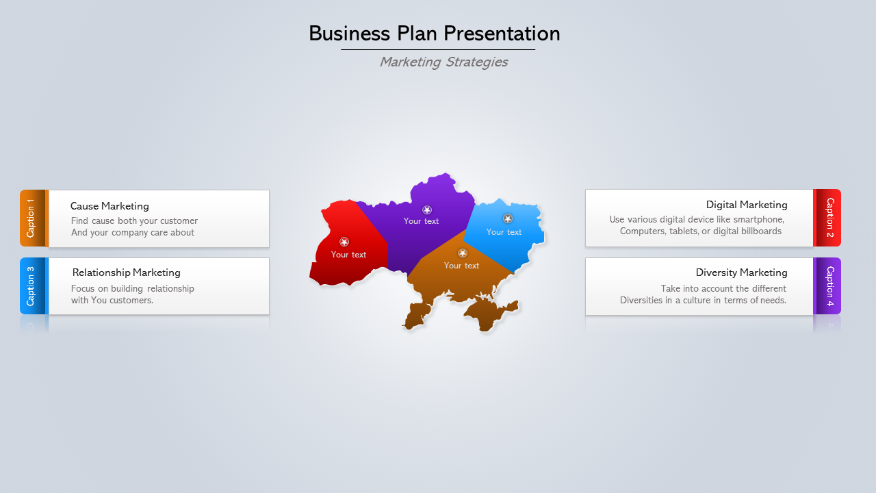 Business slide with a four segmented country map in the center, paired with matching caption boxes, on a light background.