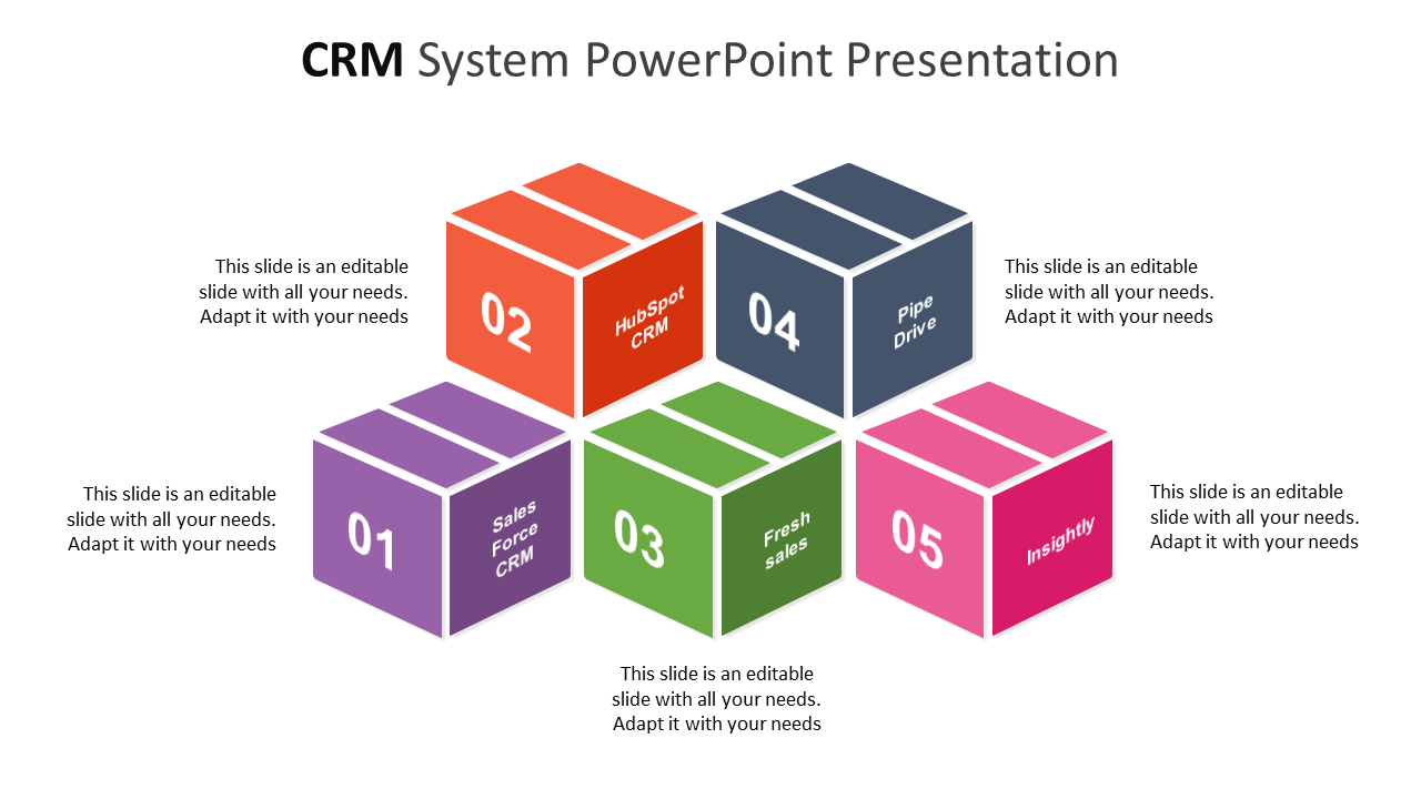 Creative CRM slide with five numbered cubes in vibrant colors arranged in a structured pyramid layout.