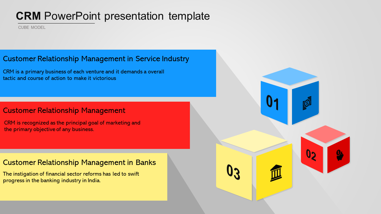 Slide with three colorful numbered cubes in blue, red, and yellow, each with a caption explaining CRM concepts.