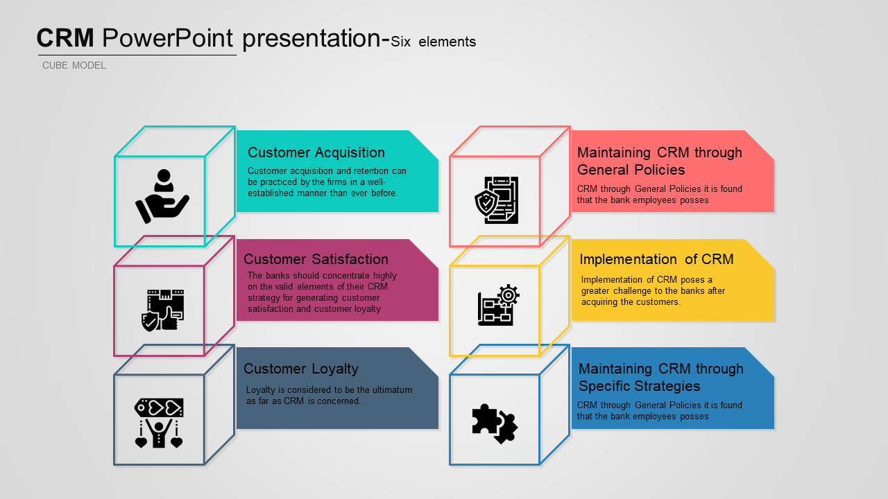 CRM PowerPoint slide featuring a cube model with six colored elements with icons and text description.