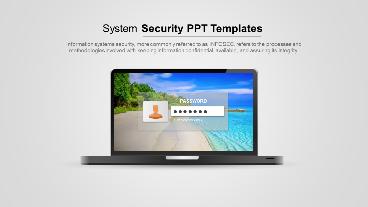 System security PowerPoint slide showing a laptop with a login screen and password entry.