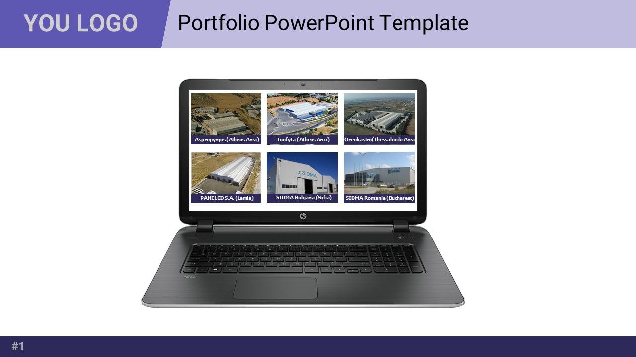 Portfolio slide feauring a purple header with laptop illustration, showing a grid layout of six images.