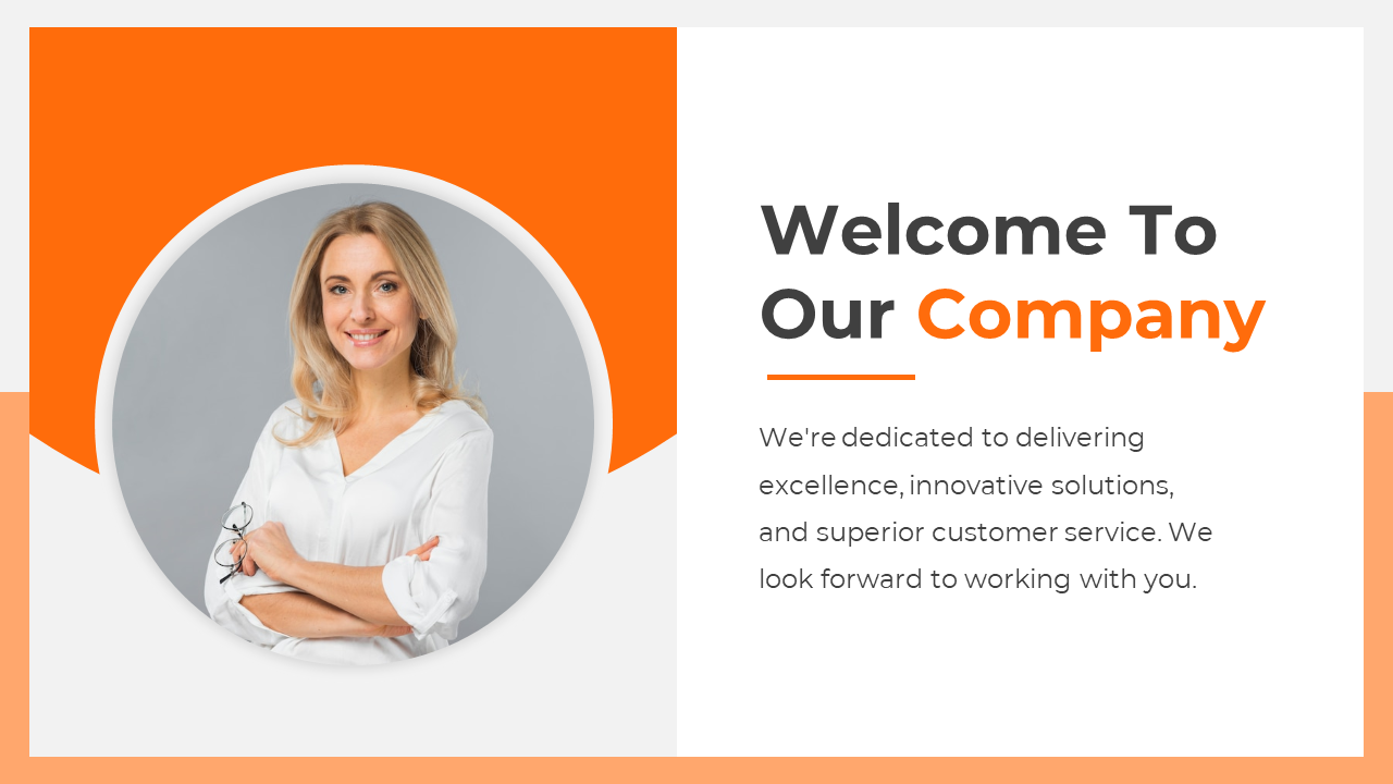 Welcome slide with a smiling woman’s portrait on the left and a message on a professional orange and white design.