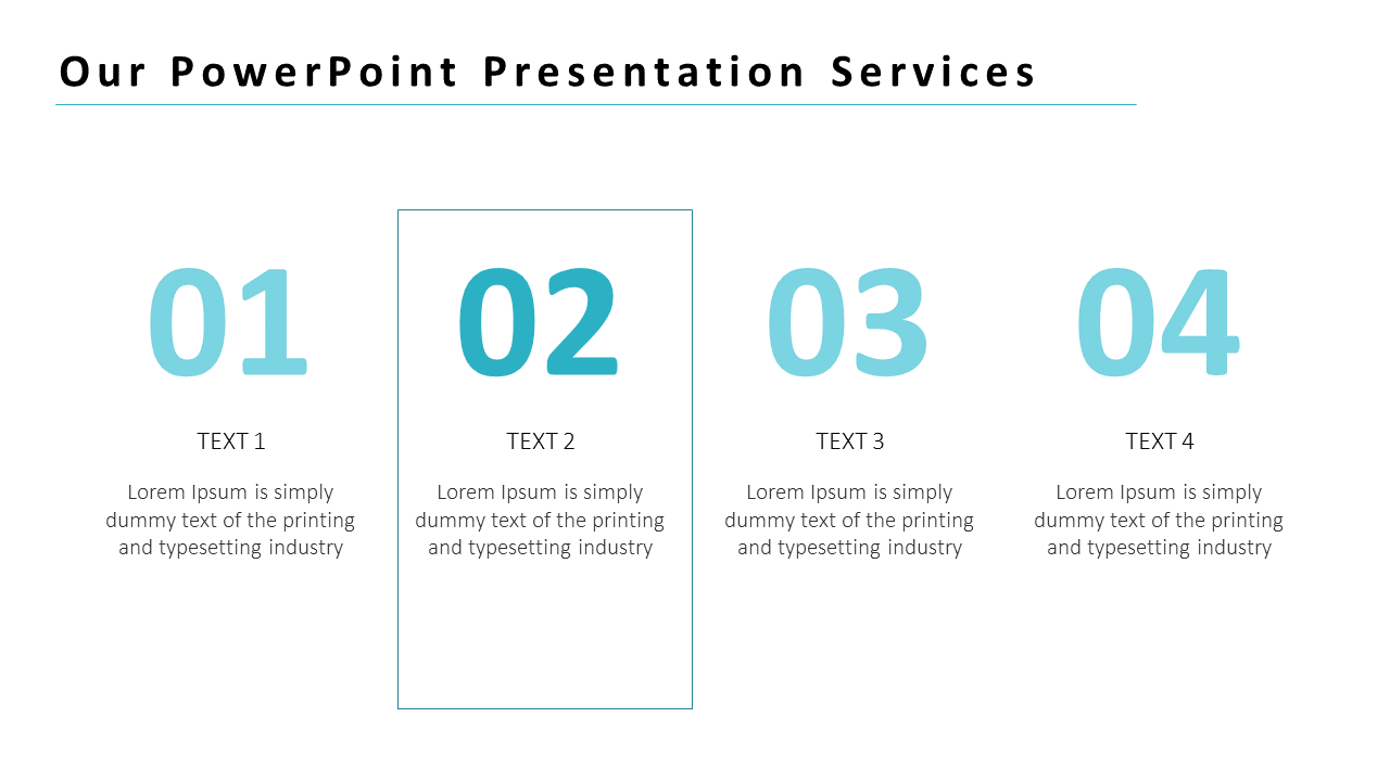 PowerPoint slide showcasing four service sections with numbered labels, each with placeholder text.