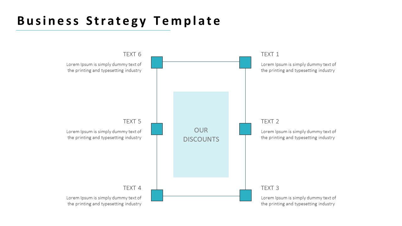 Business strategy template with a central box surrounded by six text areas for strategic details.