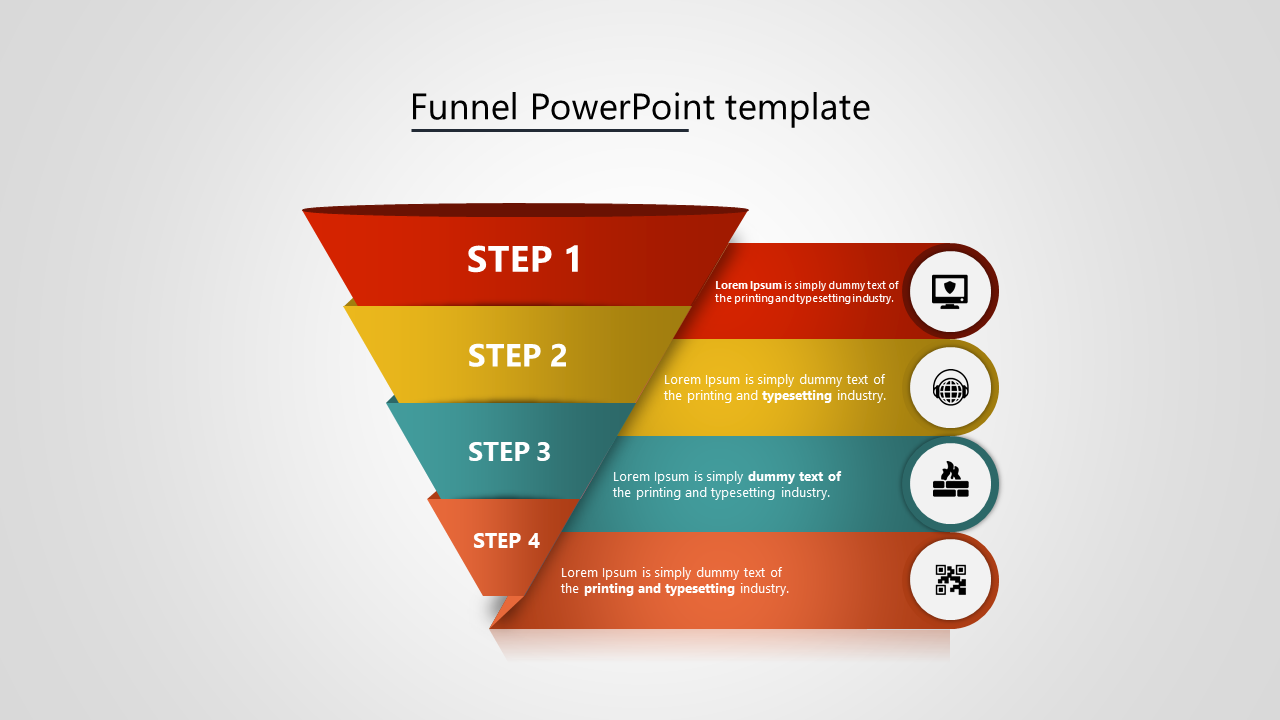 Gradient funnel diagram with four steps in red, yellow, teal, and orange, each paired with a descriptive icon.