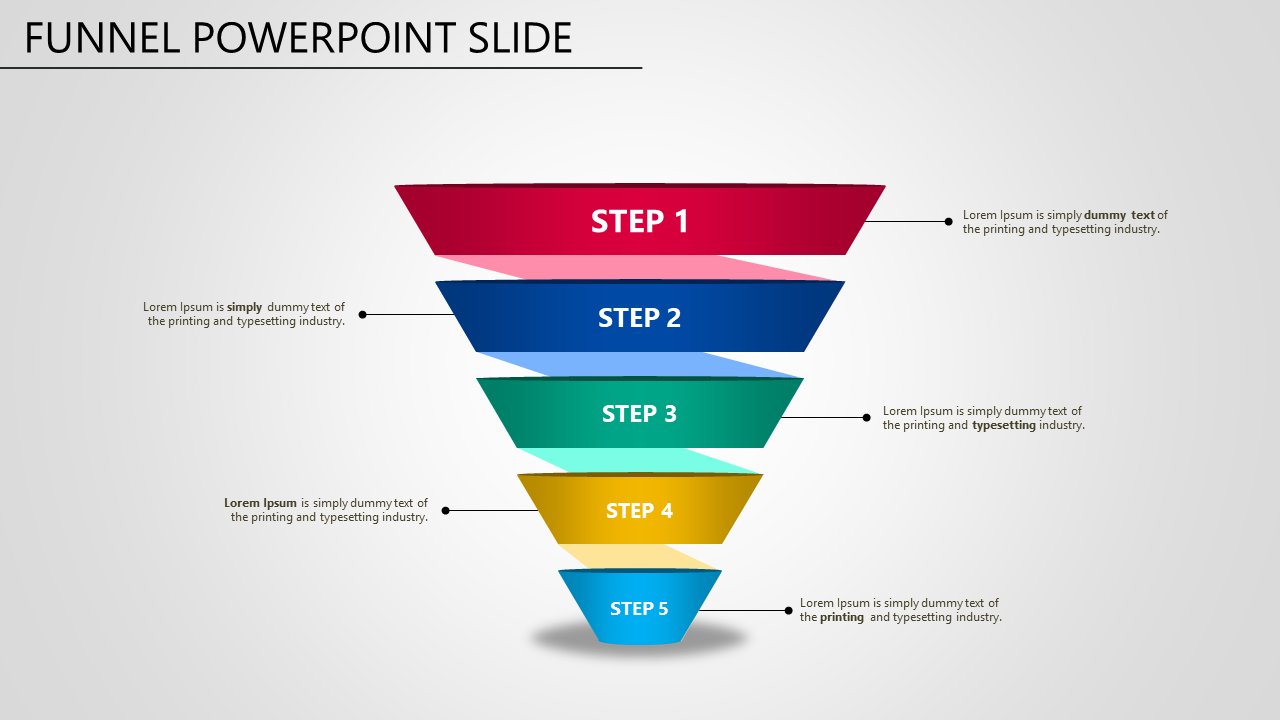 Funnel PPT slide showcasing five steps with gradient colors, from red at the top to blue at the bottom.