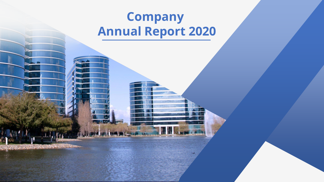 Annual report 2020 presentation slide featuring a corporate skyline and blue geometric design.