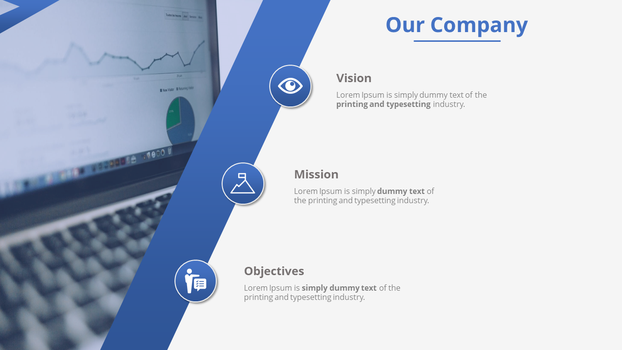 Our company slide outlines the vision, mission, and objectives, accompanied by a computer displaying graphs and charts.