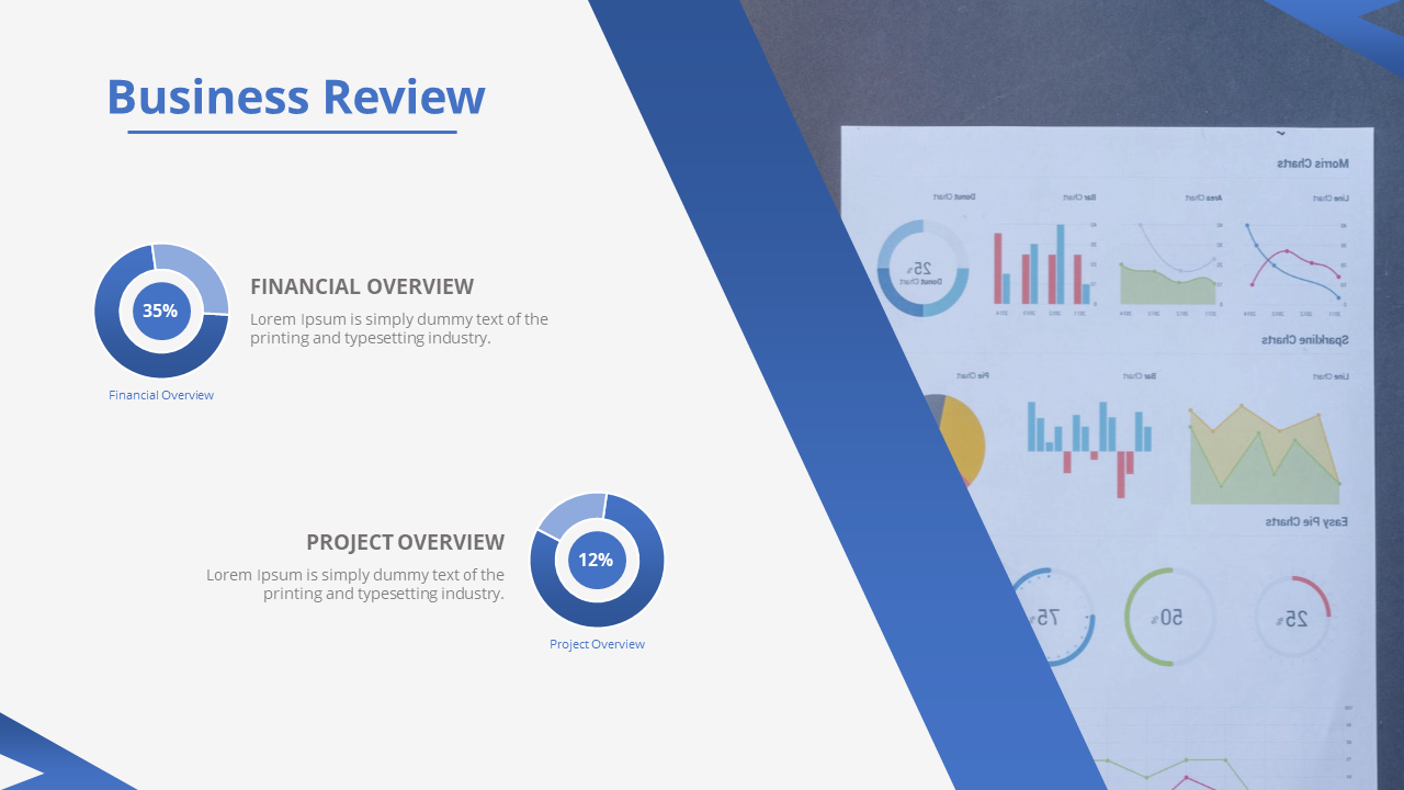 Slide featuring financial and project overviews with blue circular progress charts, and image of various graphs on the side.