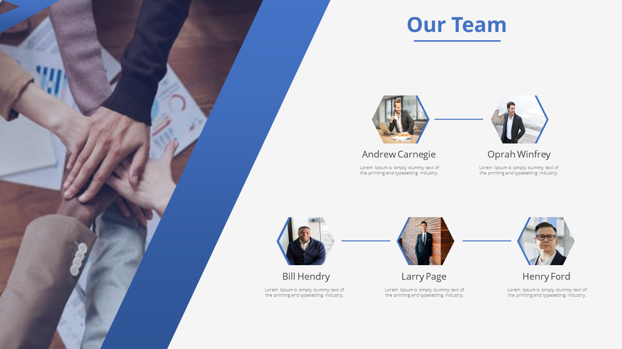 Team collaboration slide with hexagonal profile pictures for each member, with placeholders for names and titles.