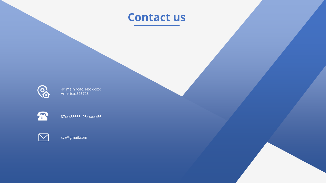 Contact Us slide with a blue gradient background and icons for address, phone number, and email along with placeholder text.