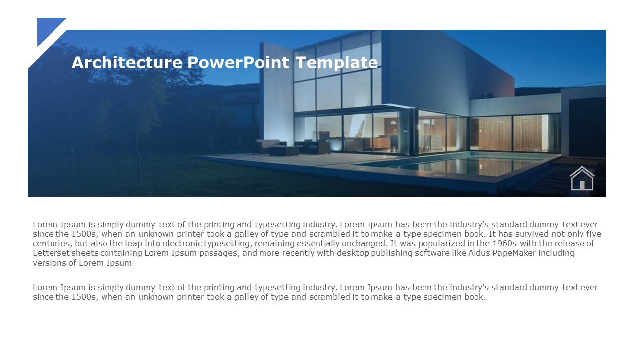 Architecture PPT slide featuring a modern house with a pool at night and text about the history of typesetting.