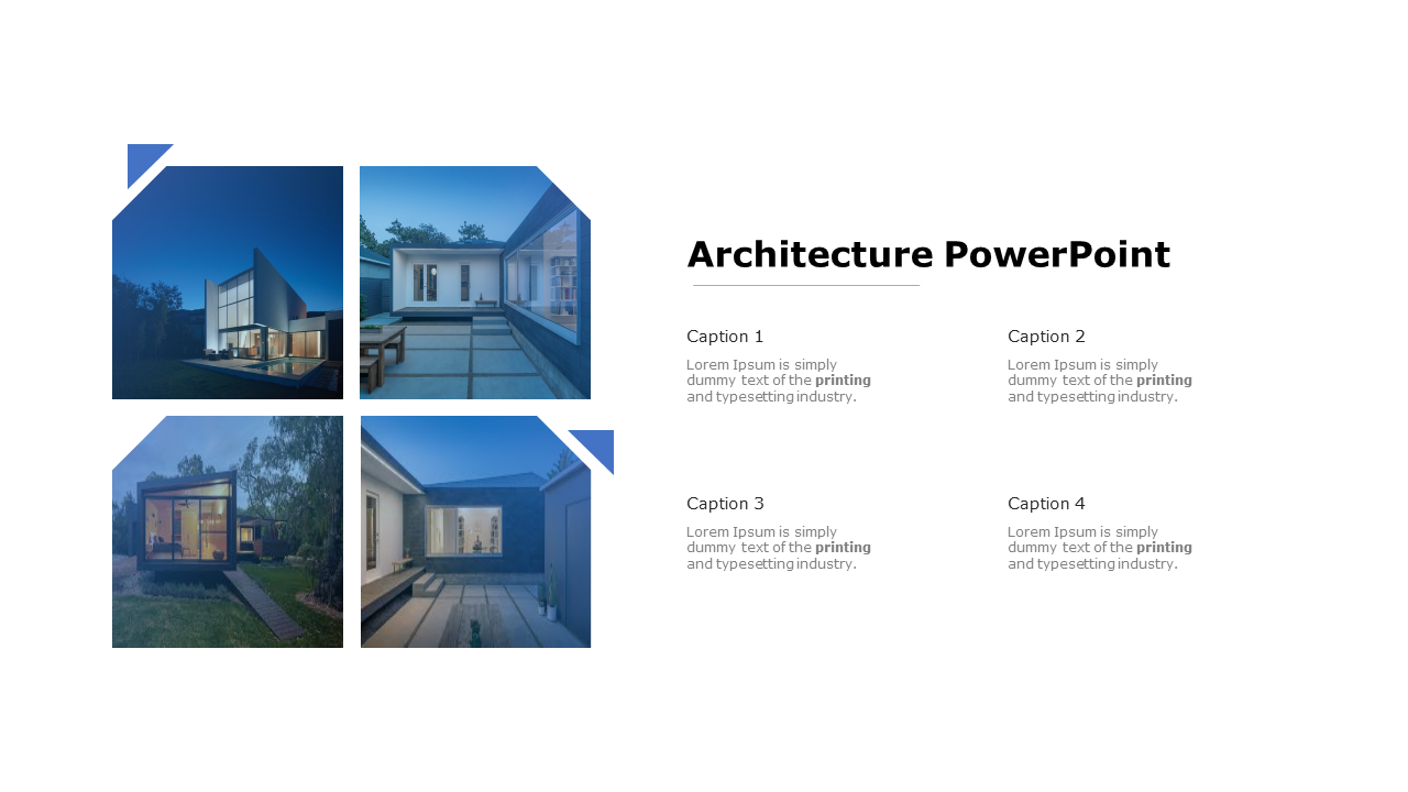 Architecture slide featuring four blue tinted modern building images with captions in a clean, organized layout.