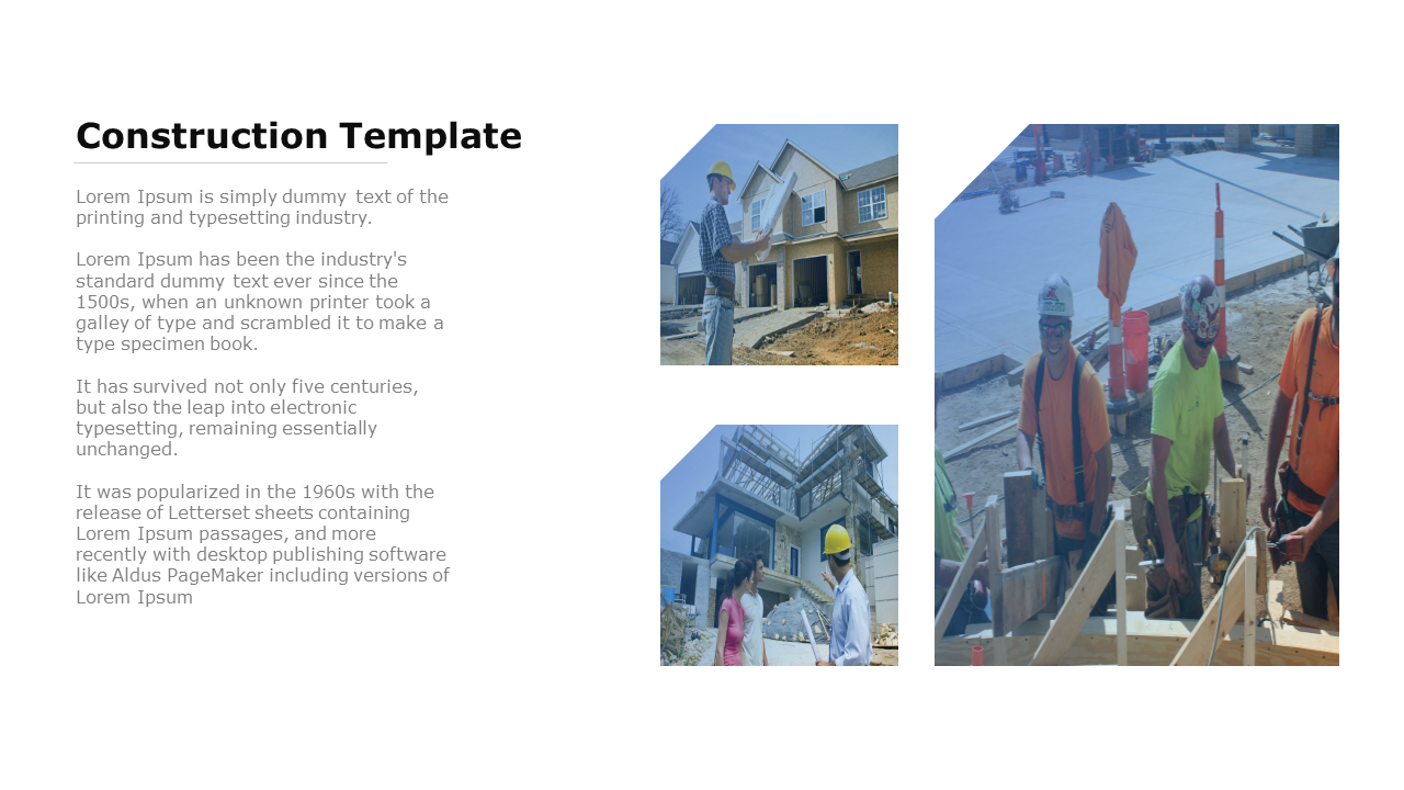 Slide layout featuring a construction theme, with descriptive text and three photos of workers and buildings on the right.