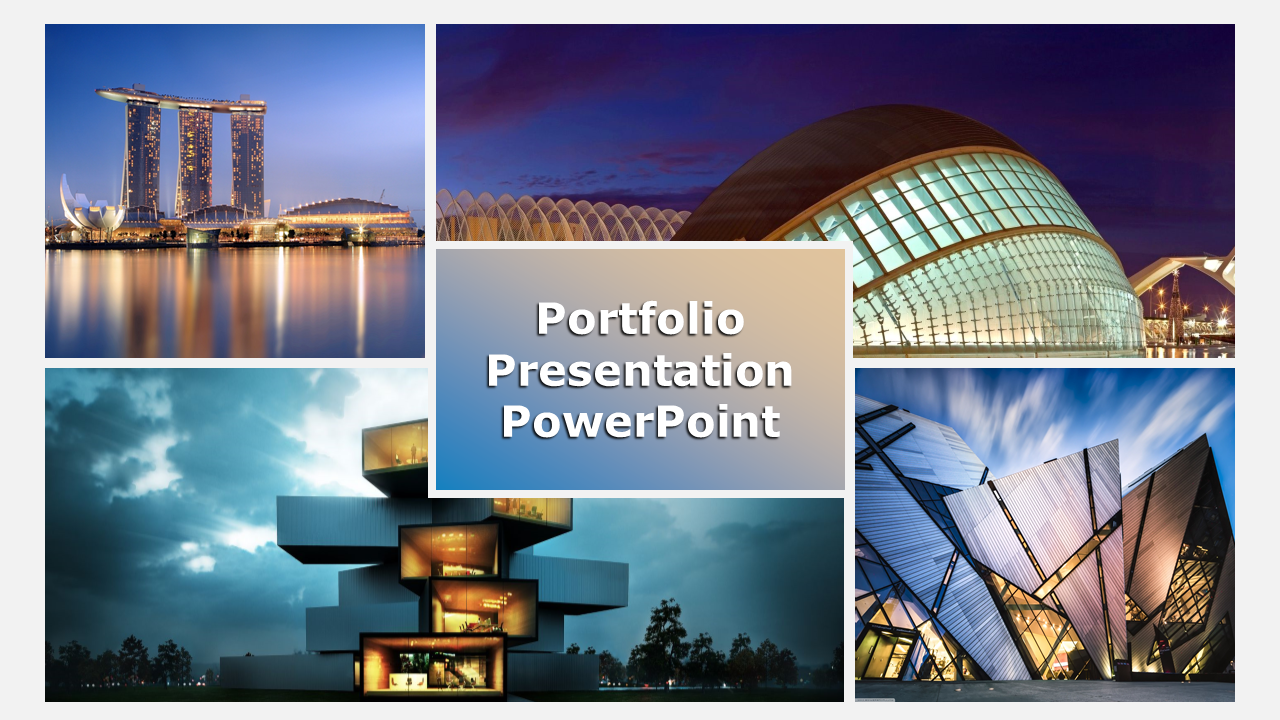 Portfolio slide with a grid layout of four architectural images showcasing modern buildings and a central title box.