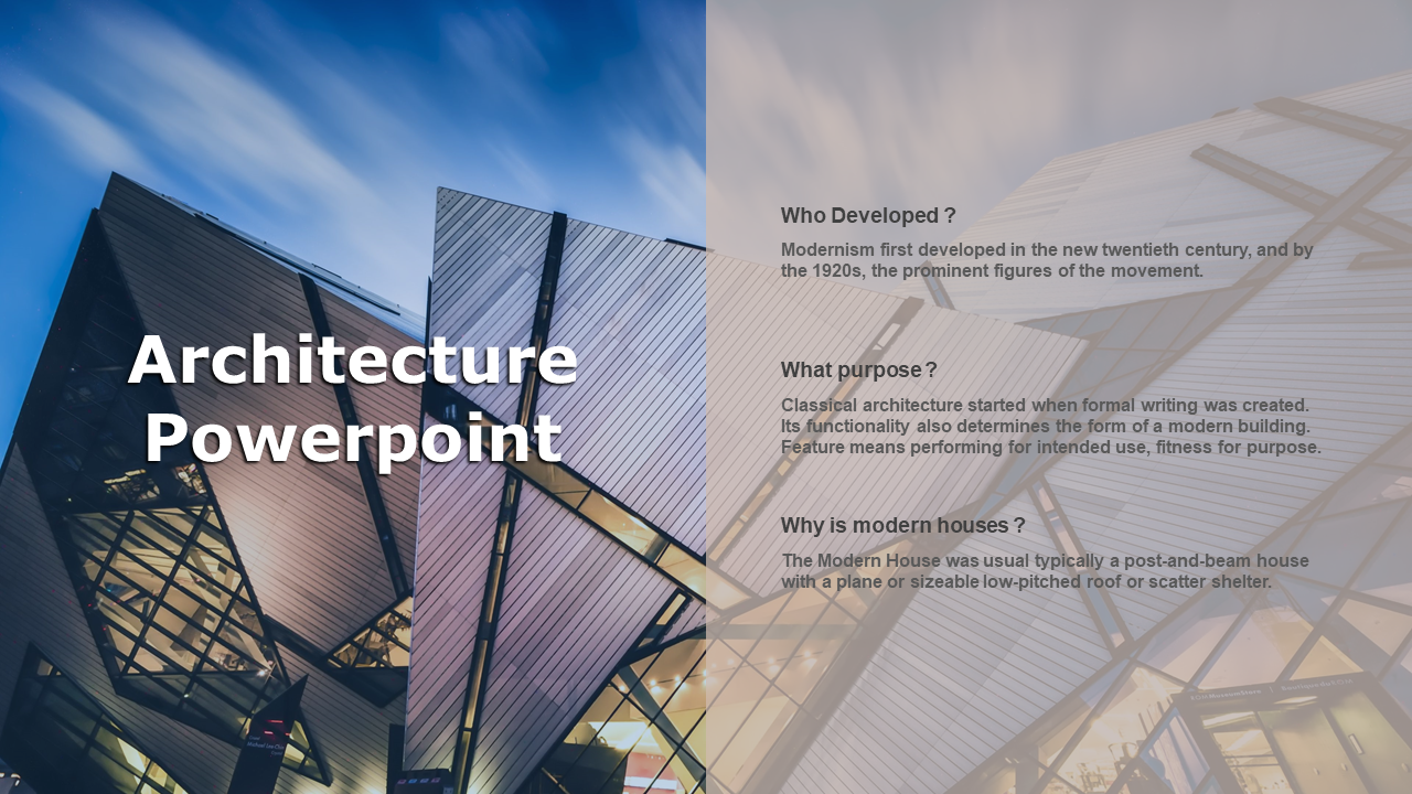 Slide showcasing an architectural theme with a photo of a modern, angular building and text sections.