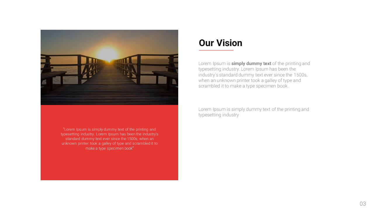 Vision PowerPoint slide with a scenic view of a wooden bridge at sunset and a red text background.