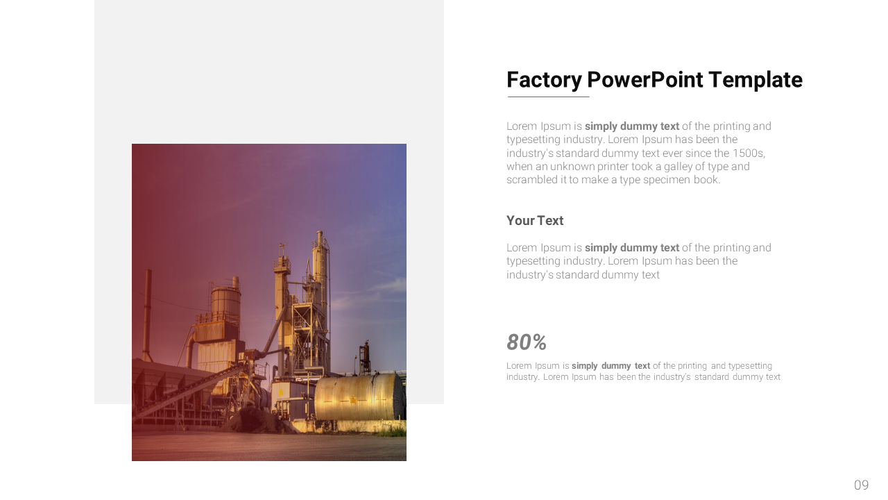 Factory themed slide featuring a left aligned industrial photo with gradient overlay and text sections on the right.