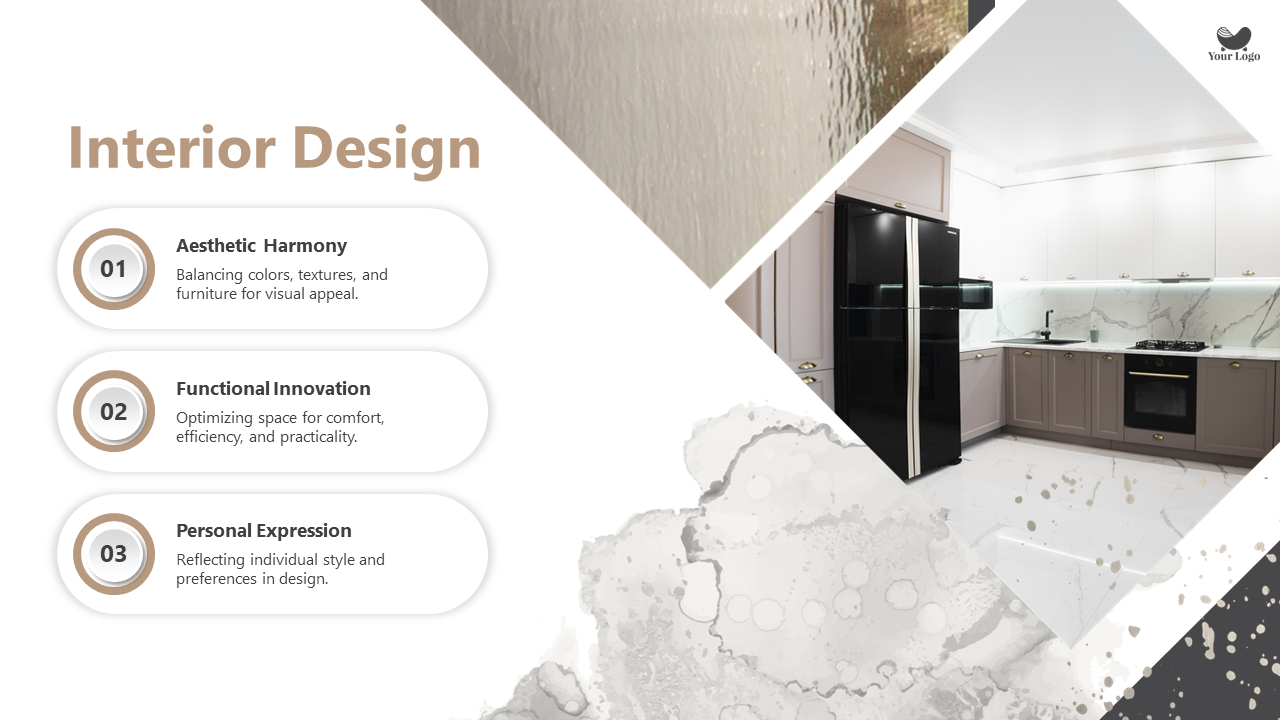 Interior design PPT slide showcasing aesthetic harmony, functional innovation, and personal expression with a modern kitchen.