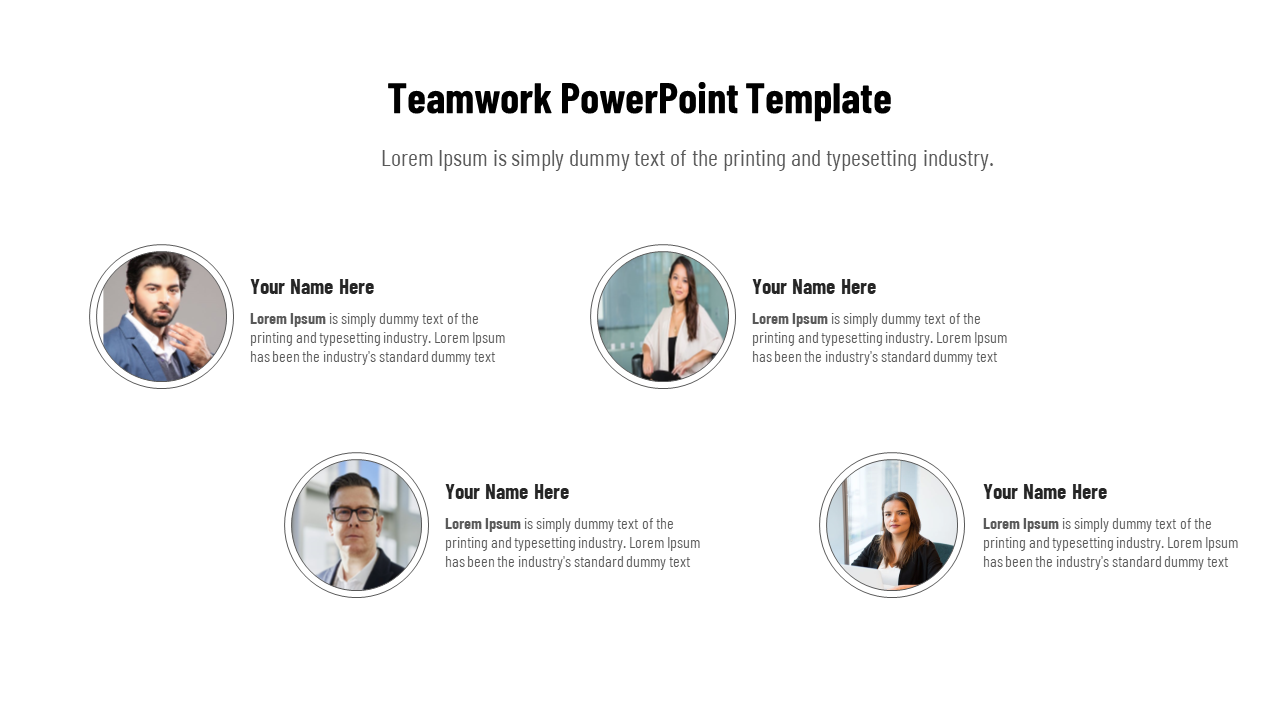 Teamwork PowerPoint template with a layout featuring four team members' photos and placeholders for names and descriptions.